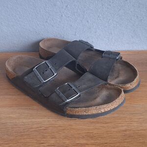 Birkenstock Arizona Women 40 9 Men 7 Black Oiled Leather Narrow Slide Sandals